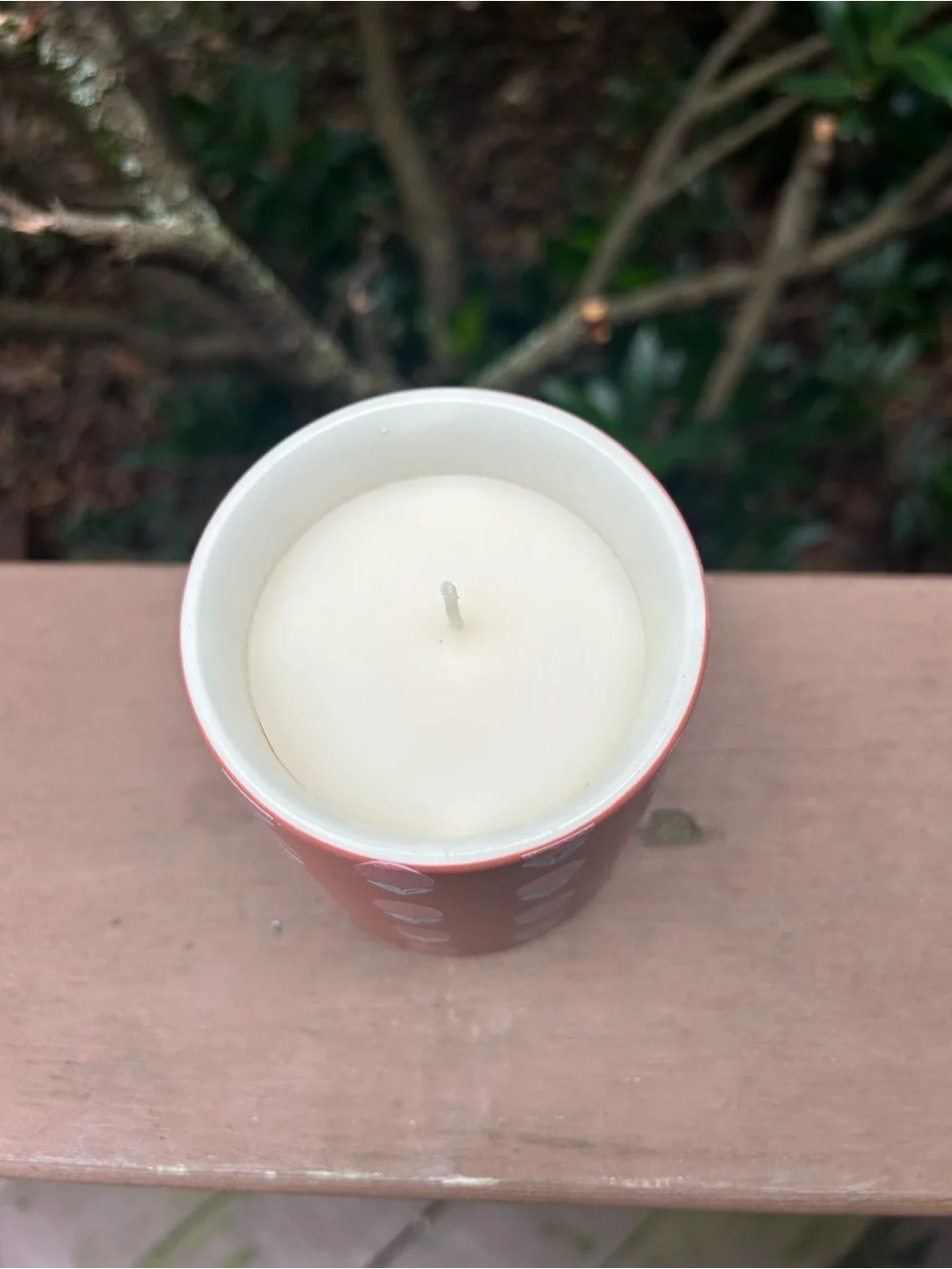 Anthropologie Coral Ceramic Votive with Pink Floral Motif